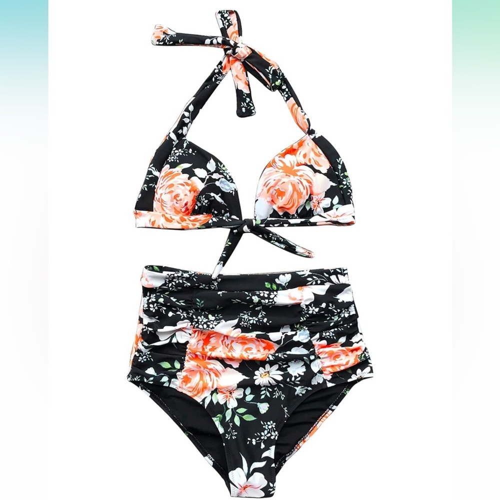 CUPSHE Faint Fragrance Printing High-Waisted Halter Bikini Set-SZ LARGE
